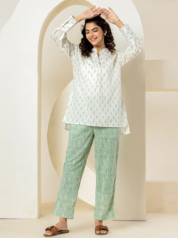 Front Pleated Gold Green Pure Cotton Hand Printed Loungewear