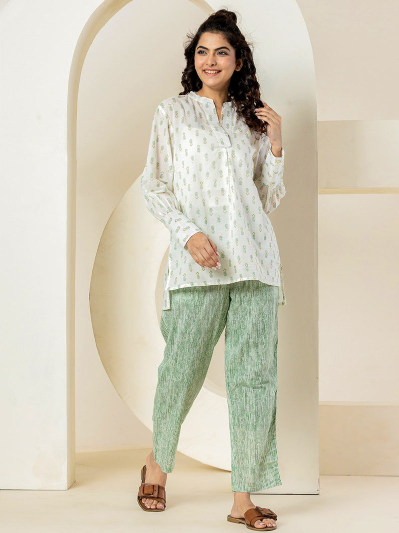 Front Pleated Gold Green Pure Cotton Hand Printed Loungewear