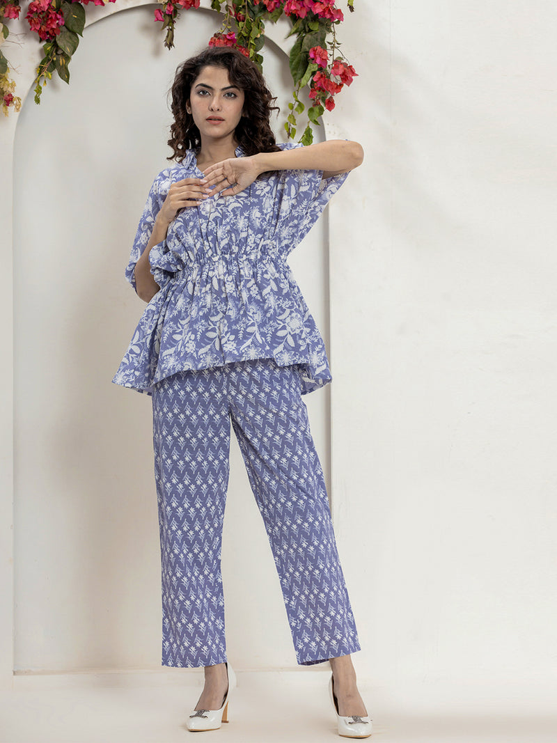 High Low Steel Blue Pure cotton Hand Printed Loungewear