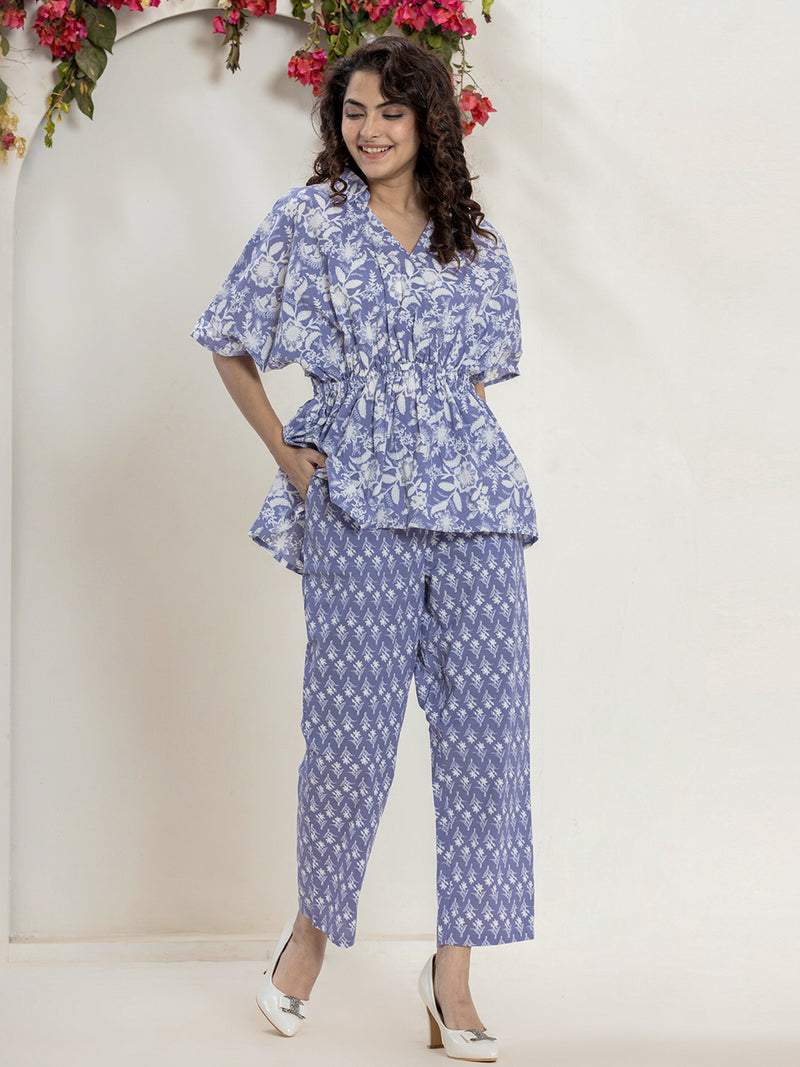High Low Steel Blue Pure cotton Hand Printed Loungewear