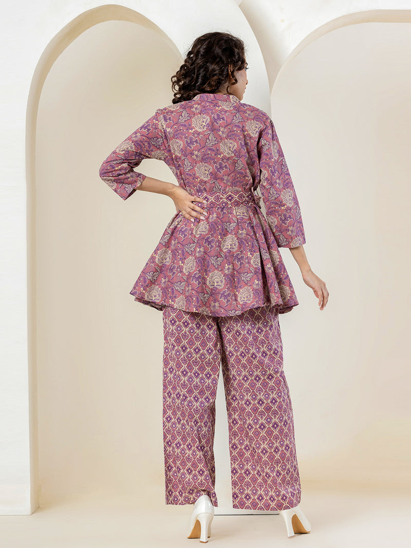 Belt style Bright Lilac Pure Cotton Hand Printed Loungewear