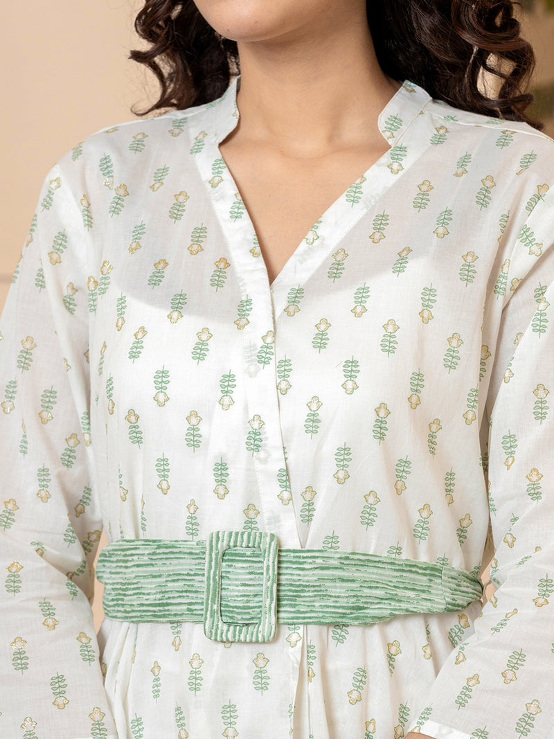 Belt style White Green Pure Cotton Hand Printed Loungewear