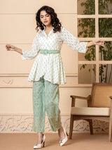 Belt style White Green Pure Cotton Hand Printed Loungewear