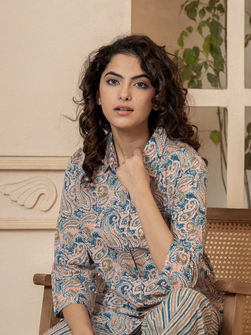 Multi Paisley Collared Pure Cotton Hand Printed Loungewear