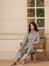 Multi Paisley Collared Pure Cotton Hand Printed Loungewear