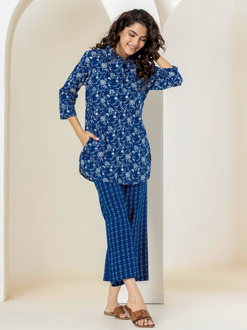 Blue Ikat Jaal Collared Pure Cotton Loungewear