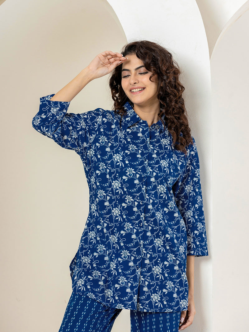 Blue Ikat Jaal Collared Pure Cotton Hand Printed Loungewear