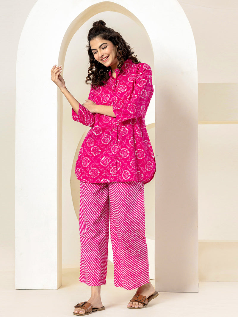 Fuchsia Bandhani Leheriya Collared Pure Cotton Loungewear