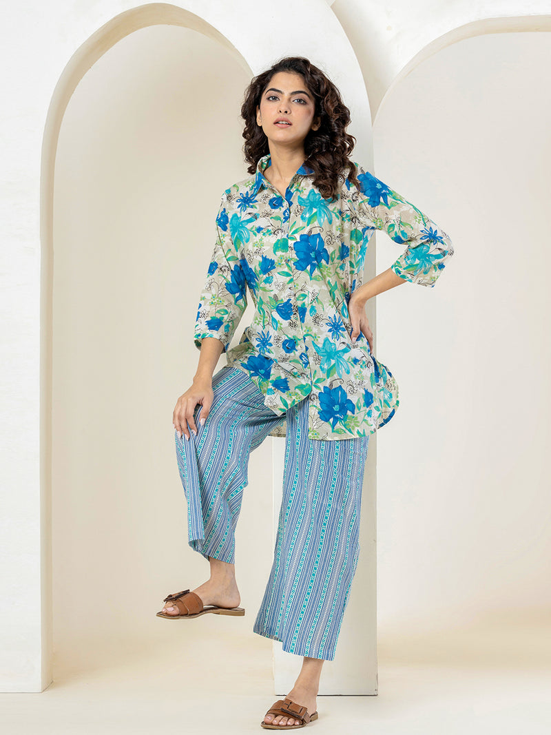 Maya Blue Flower Collared Pure Cotton Loungewear