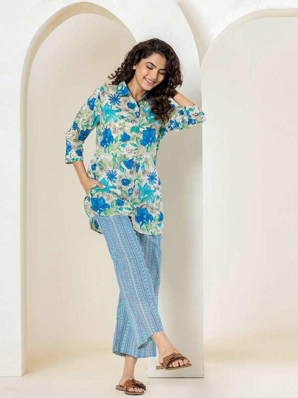 Maya Blue Flower Collared Pure Cotton Loungewear