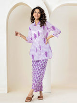 Purple Leaf Collared Pure Cotton Loungewear