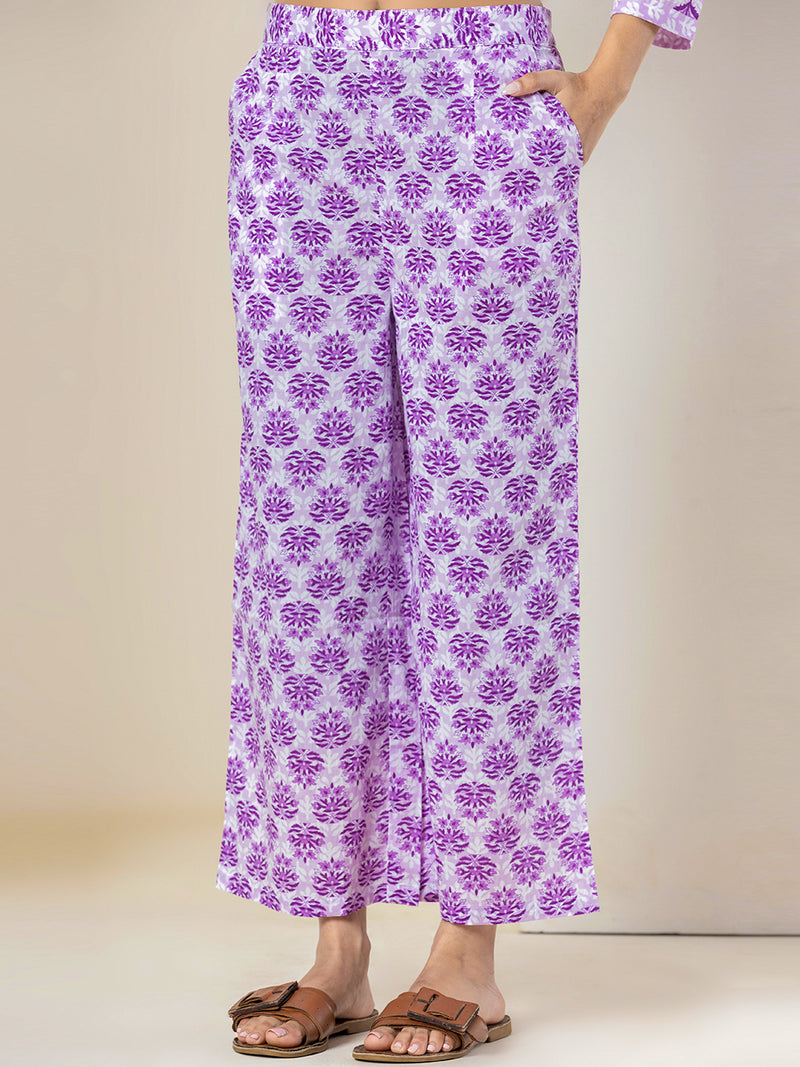 Purple Leaf Collared Pure Cotton Hand Printed Loungewear