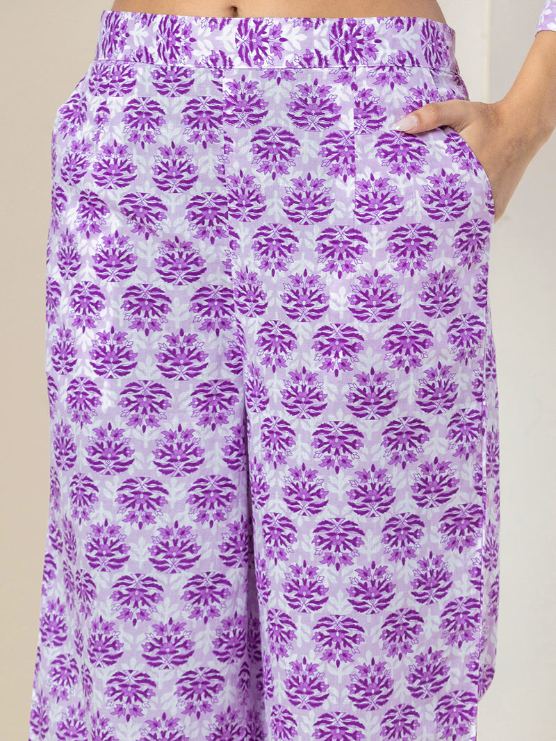 Purple Leaf Collared Pure Cotton Loungewear