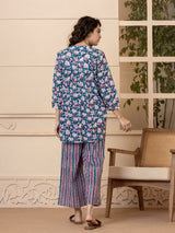 Back pleated White Pink Flower Pure Cotton Hand Printed Loungewear