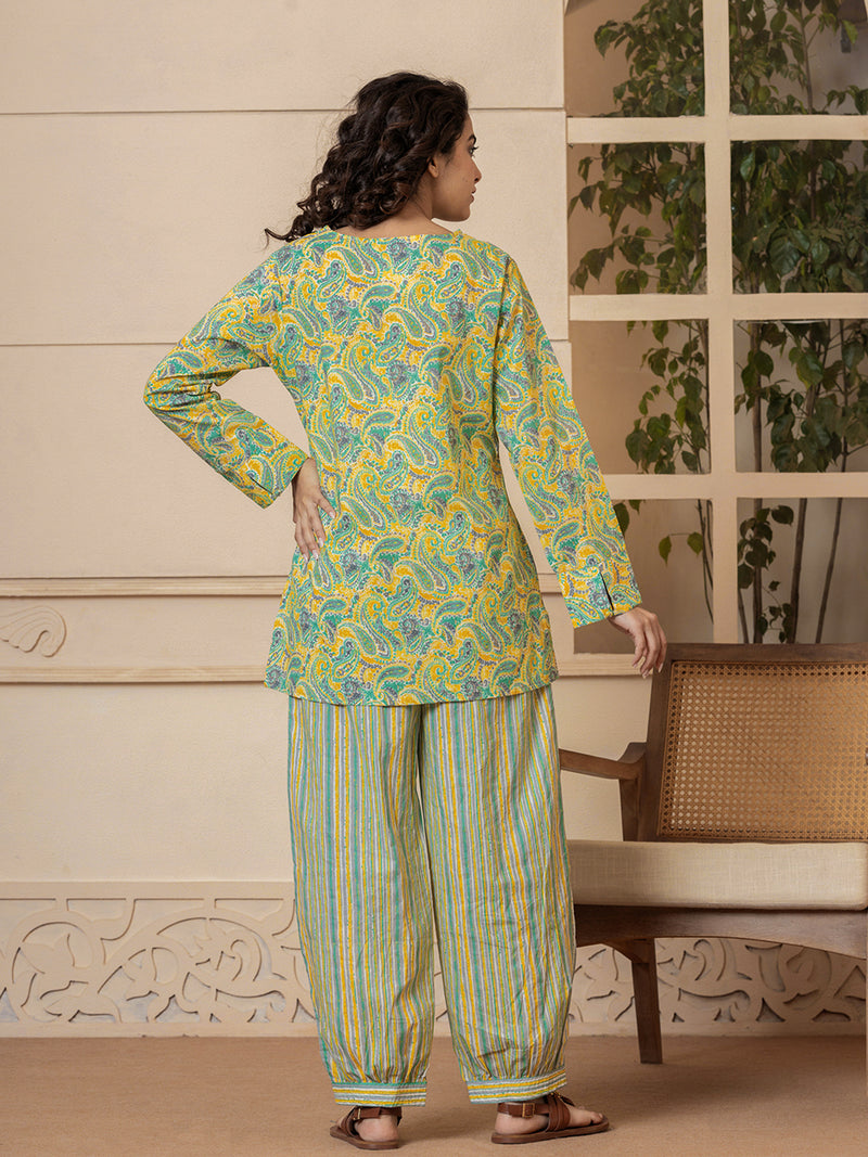 V Neck Yellow Paisley Pure Cotton Hand Printed Loungewear