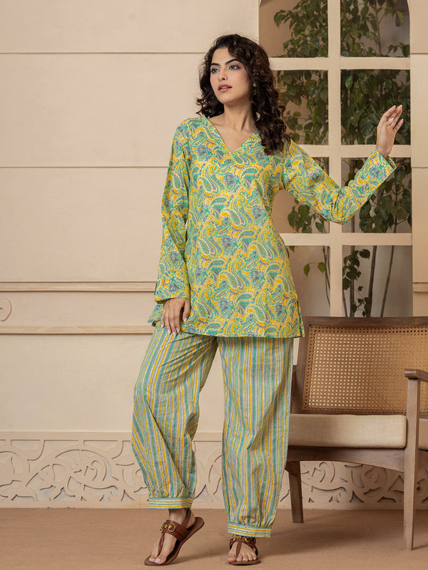 V Neck Yellow Paisley Pure Cotton Hand Printed Loungewear