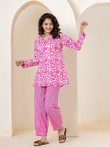 V Neck Taffy Pink Pure Cotton Hand Printed Loungewear