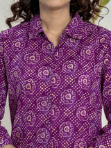 Dark Purple leheriya Jaal Collared Pure Cotton Hand Printed Loungewear