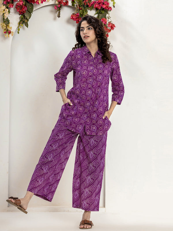 Dark Purple leheriya Jaal Collared Pure Cotton Loungewear