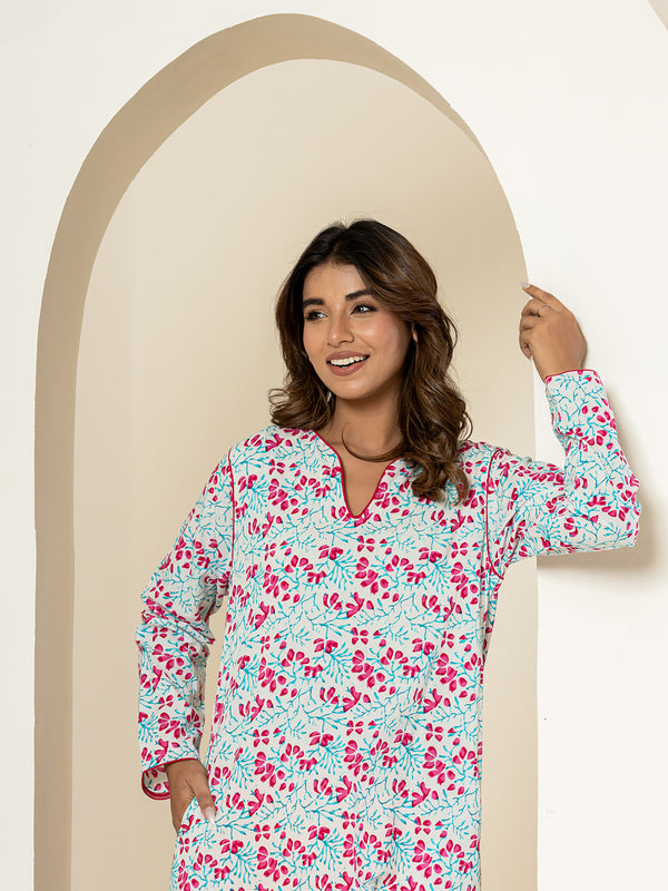 Pink and sky solid piping long Tunic