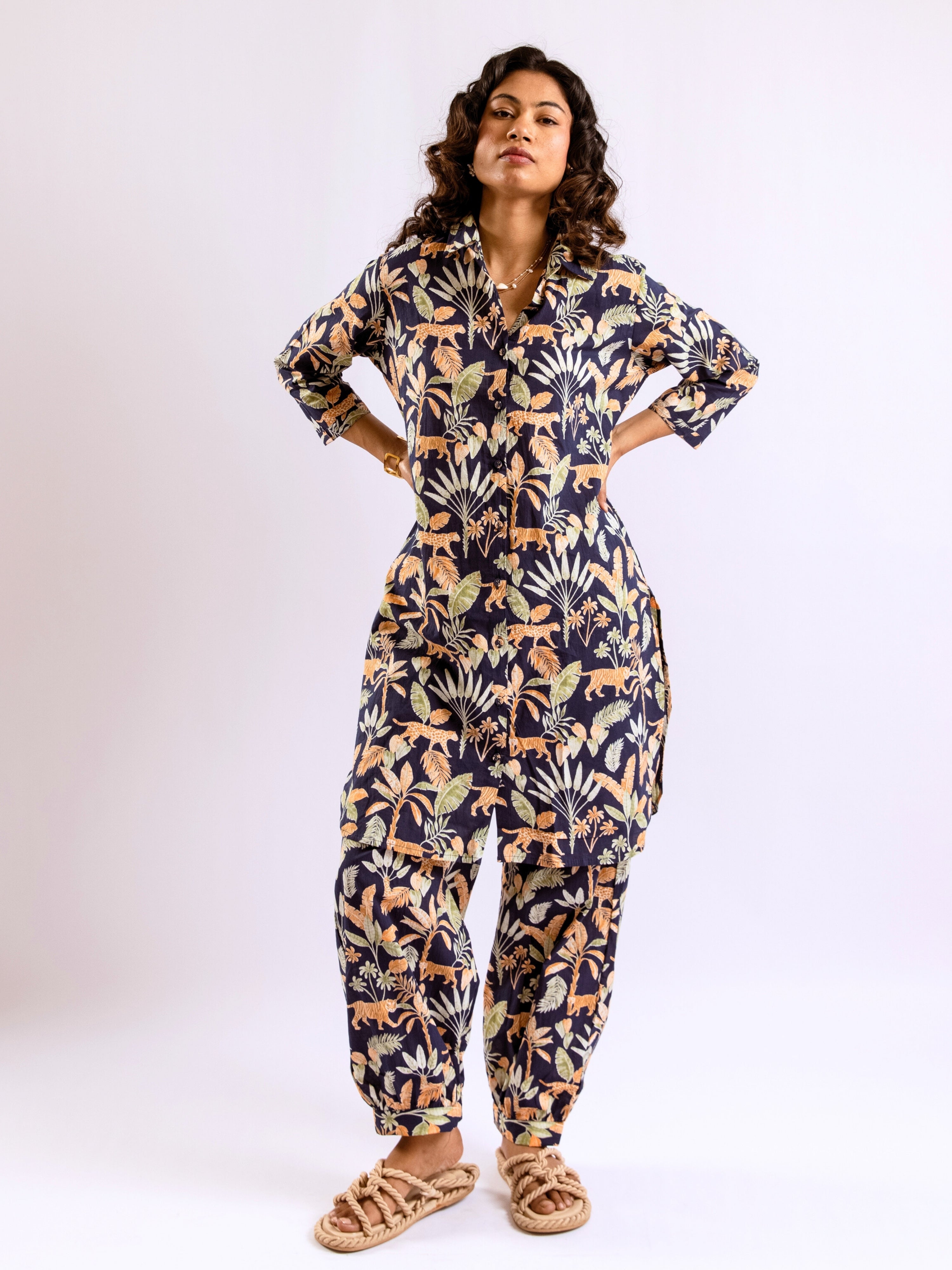 Tropical Cobalt Tiger Stripes Long Shirt & Patiala Co-Ord Set