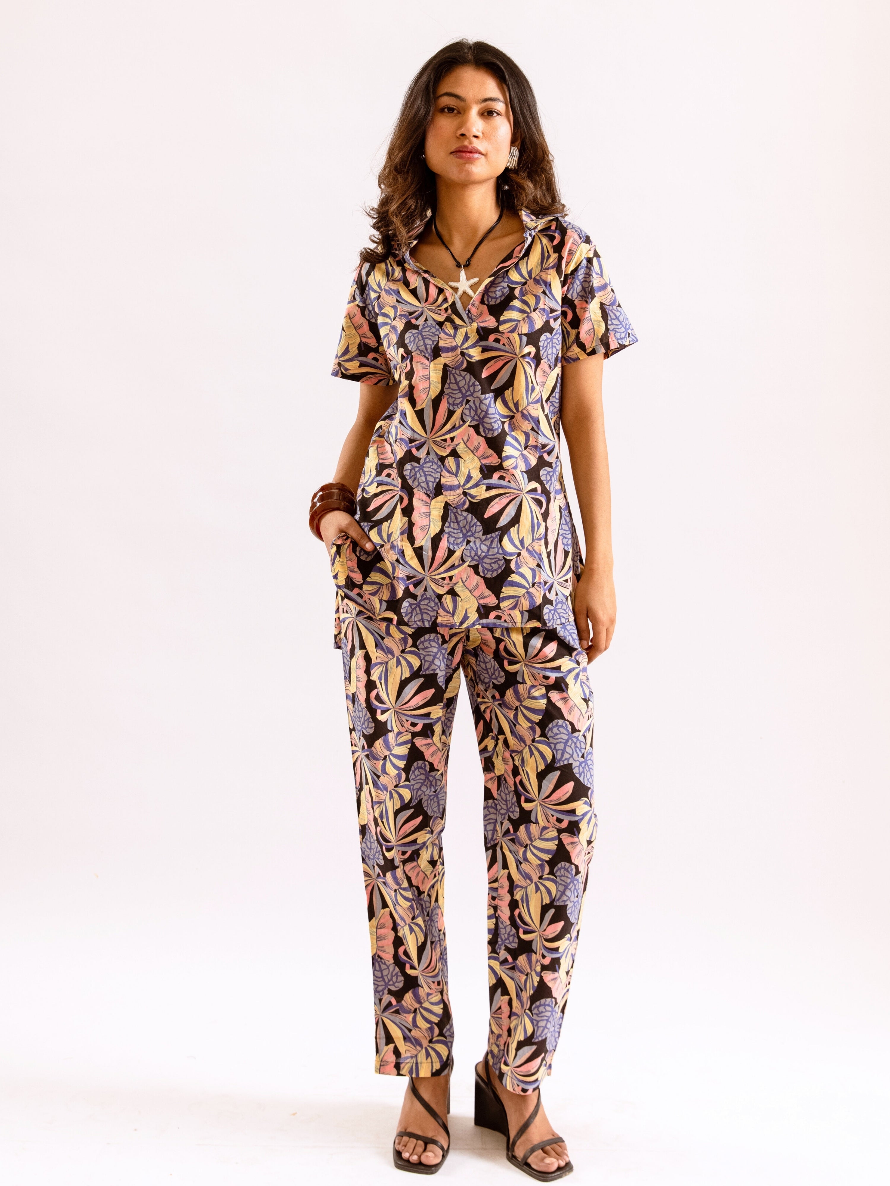 Tropical Noir Bloom Short Sleeve Co-Ord Set