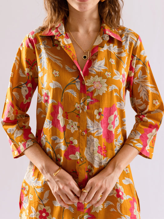 Mustard Saffron Petal Pure Cotton Collar Shirt Co-ord set