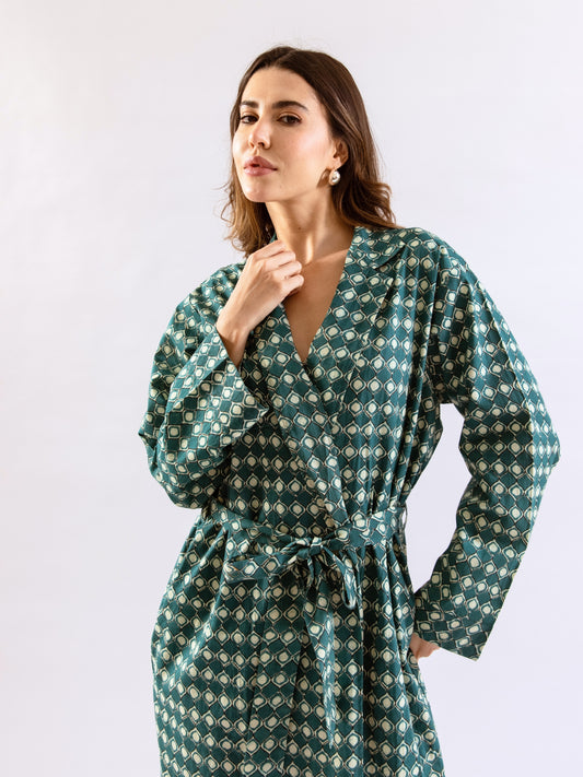 Teal Breezy Boho Pure Cotton V neck Sleepwear Robe Set