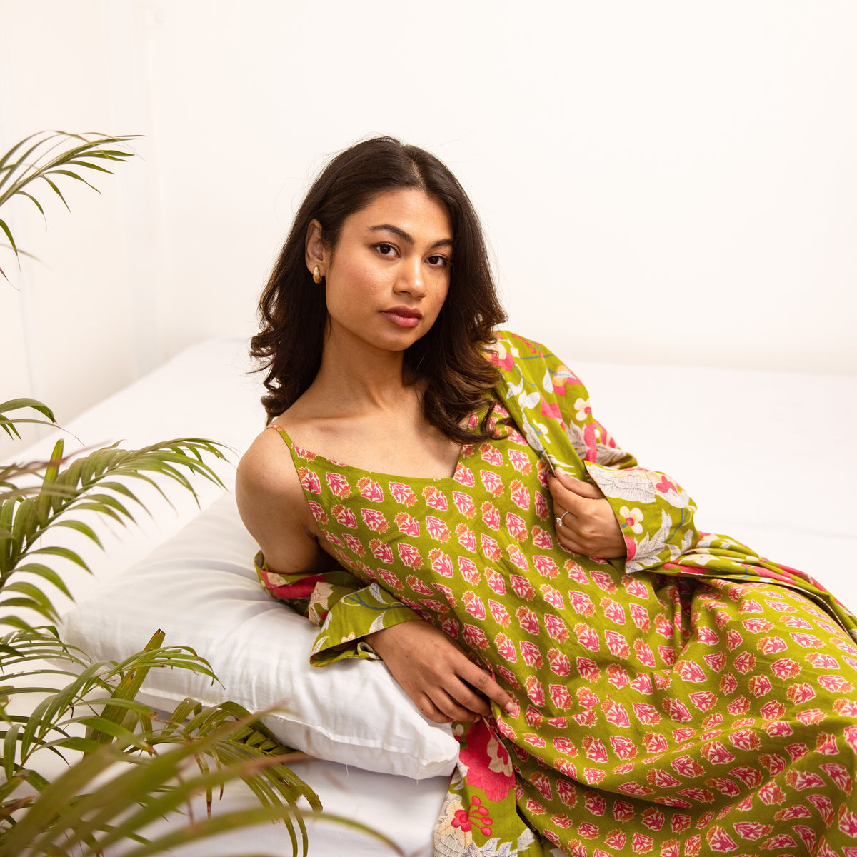 Lime Green Sassy Citrus Pure Cotton V neck Sleepwear Robe Set ...