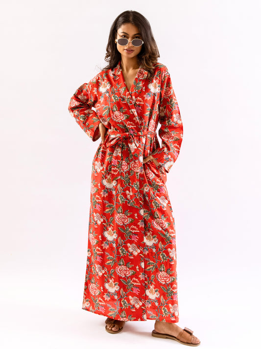 Red BloomEase Pure Cotton Collar Neck Robe