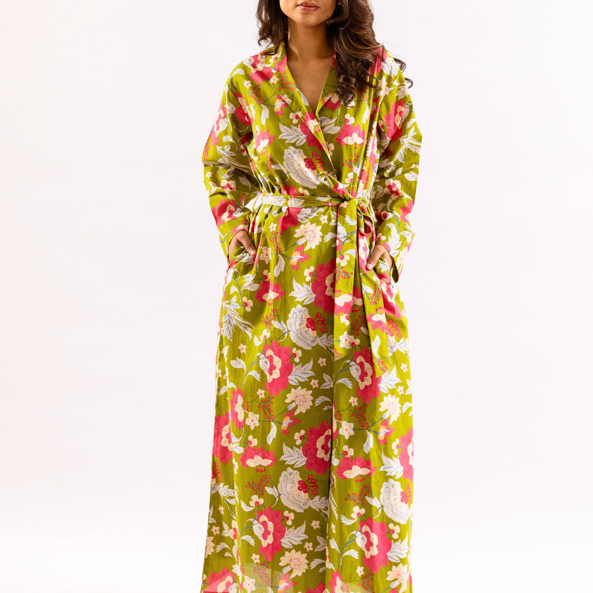 Neck Robe Lime Green Leafy Hush Pure Cotton Collar Neck Robe – FEATHERS CLOSET