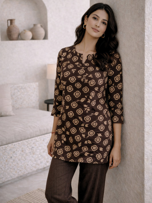 Brown Moonlit Pure Cotton round neck Women's Co-ord Set for Daily Wear
