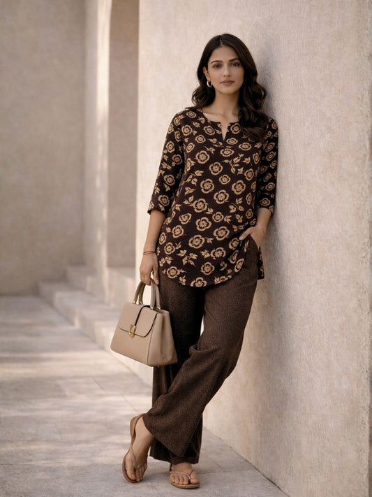 Brown Moonlit Pure Cotton round neck Women's Co-ord Set for Daily Wear