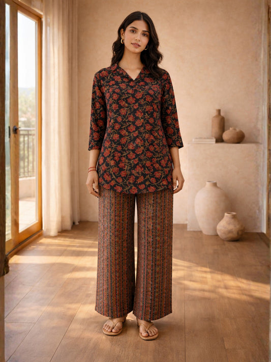 Black Charm Pure Cotton Women's Collar Co-ord Set
