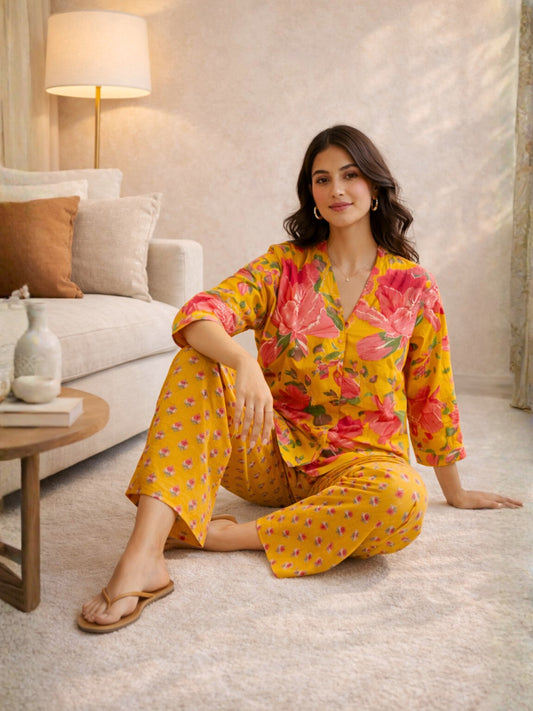 Yellow Phoolkari Pure Cotton Women's Back Pleated Co-ord Set