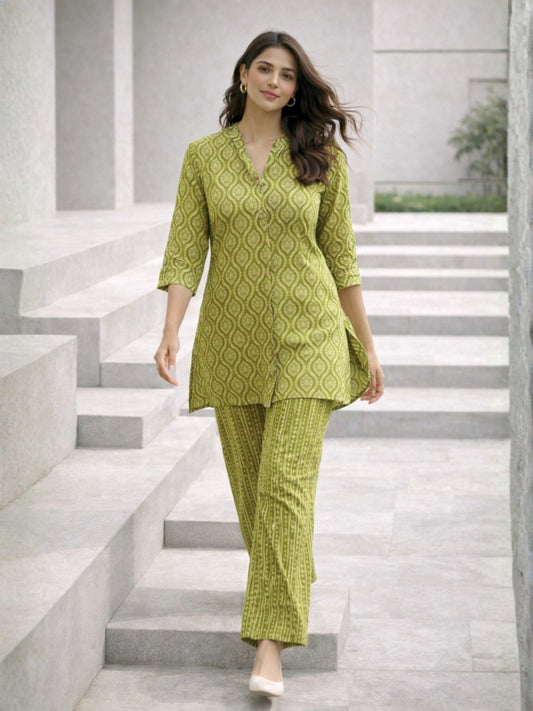 Olive Muse Pure Cotton Women's Back Pleated Co-ord Set