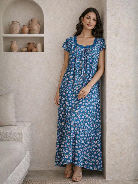 Teal Floral Pure Cotton Women's Night Maxi Dress