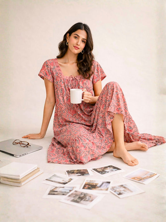 Peach Petal Pure Cotton Women's Night Maxi Dress