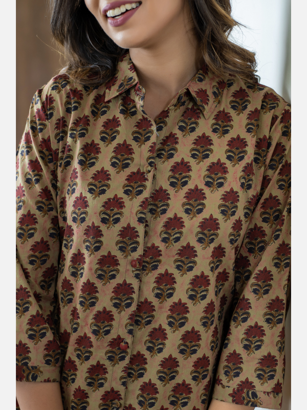 Mesh Brown Collared Pure Cotton Shirt