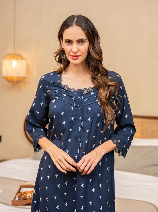 Blue Bird Print Button Yoke Night Maxi for Women