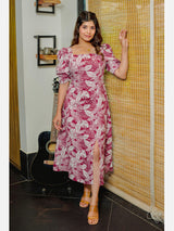 Square neck Green Pink cotton Midi Dress