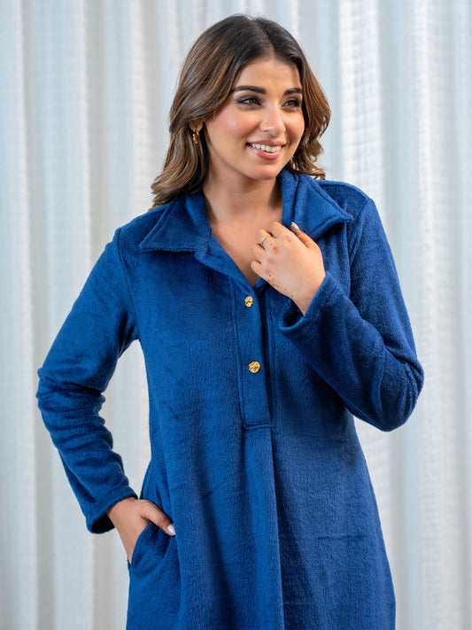 Super Soft Navy Blue Collared Woollen Maxi