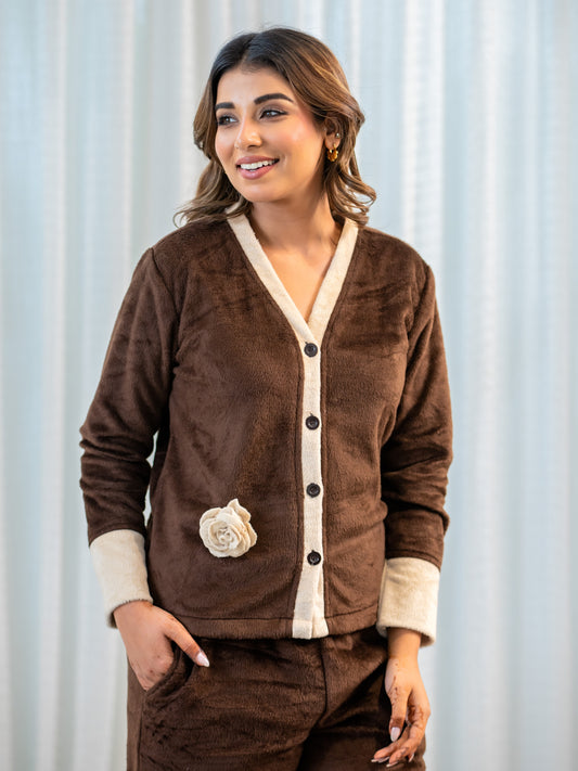 Brown Super Soft Woollen Broach Cardigan Set