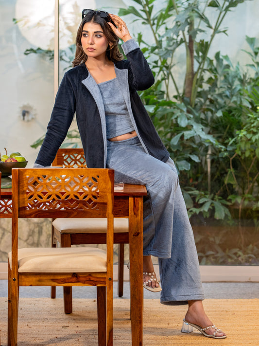 Dark Grey Super Soft Woollen Contrast Shrug Set