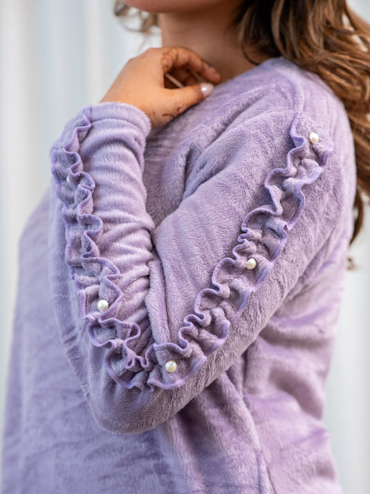 Super Soft Lavender Woollen Ruffle Sleeve Midi Dress