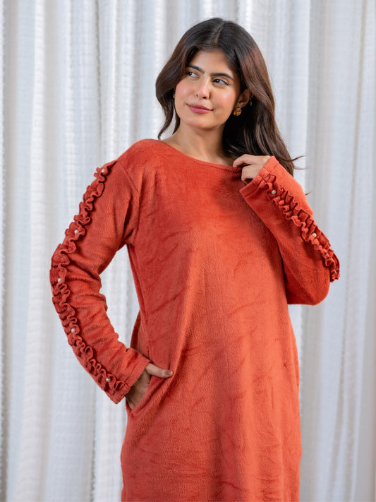 Super Soft Rust Woollen Ruffle Sleeve Midi Dress