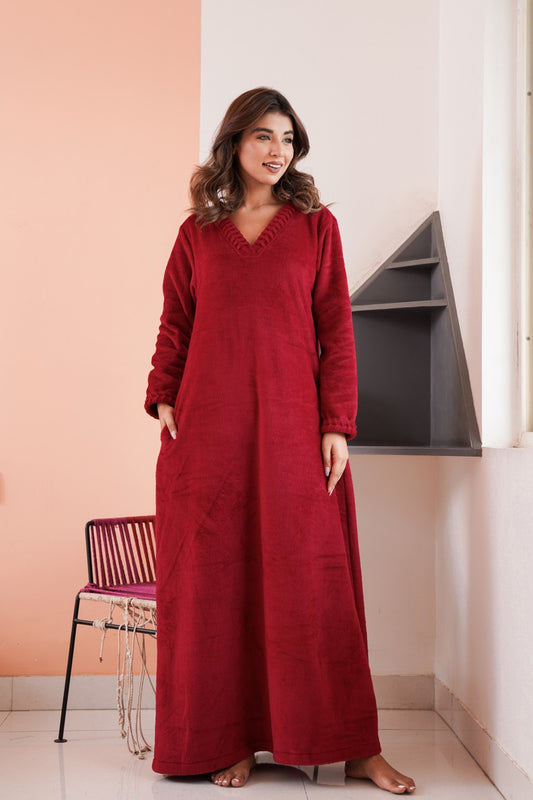 Super Soft Maroon V Neck Woollen Maxi