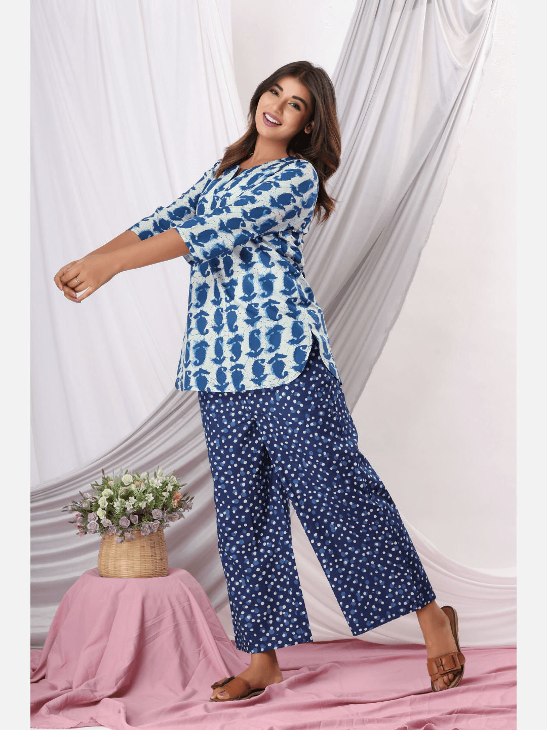 Indigo Paisley Cotton Loungewear S/M Blue - Main Image