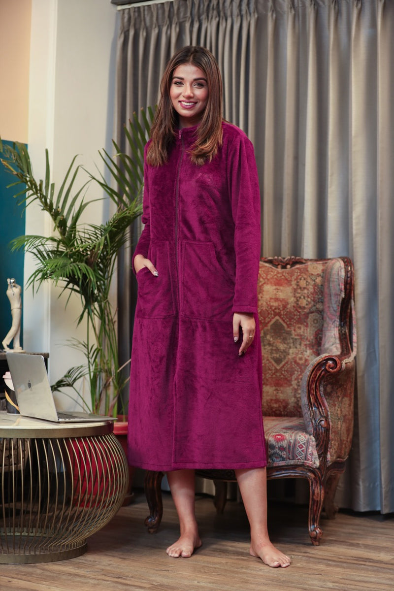 Mini Zip-Front Wine Super Soft Woollen Dress