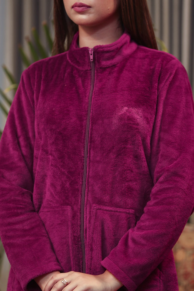 Mini Zip-Front Wine Super Soft Woollen Dress